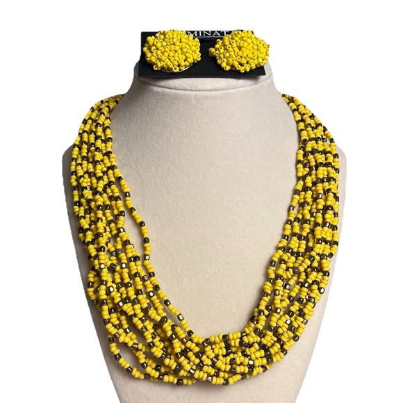 Yellow Seed Bead Necklace Earrings Set Multistrand Beaded Cluster 20-24" - Picture 3 of 11